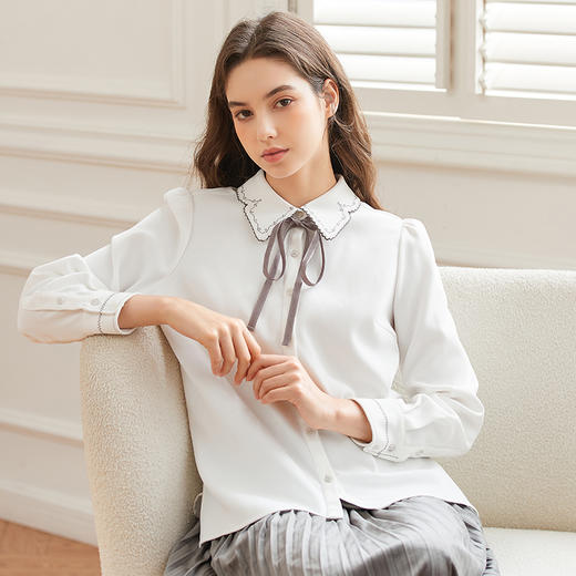 Famecoco范可儿女士系带长袖衬衣优雅通勤FAB8BH021 商品图4