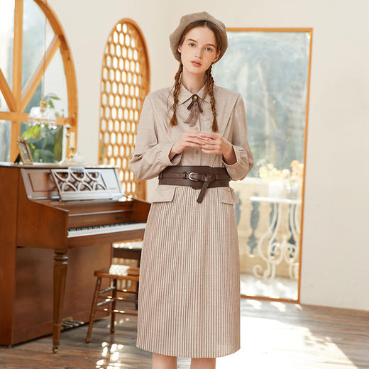 famecoco范可儿冬季优雅衬衫裙女士长袖修身百褶裙中长款F228FA001 商品图2