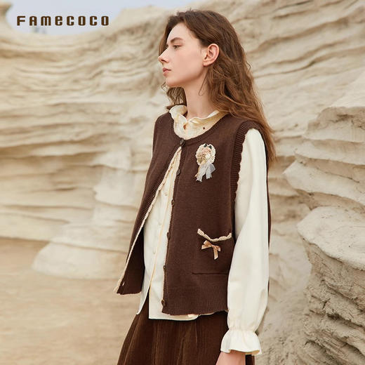 Famecoco范可儿开衫马甲含羊毛圆领撞色通勤女装马夹FAB8CA046 商品图1