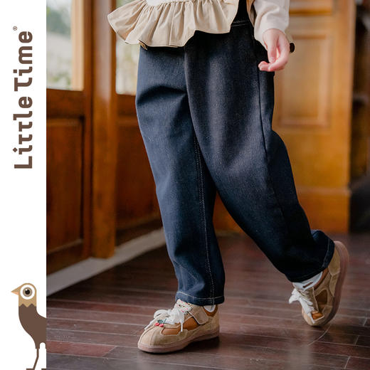 littletime女童牛仔裤2024秋冬新款锥形裤加绒深蓝色儿童茧形裤 商品图2
