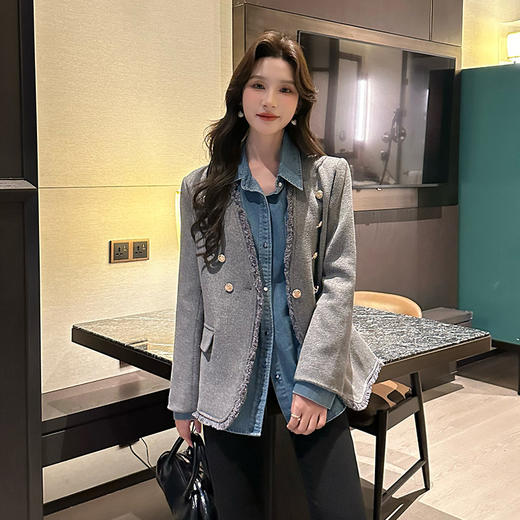 奢姿2024年秋冬新款大码女装小香风气质上衣胖妹妹拼接毛边外套9944369183 商品图0