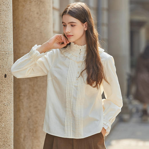Famecoco范可儿荷叶边立领文艺花边女士衬衫冬季FAB8BD001 商品图1