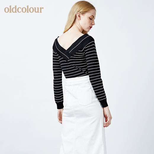 oldcolour欧珂修身套头V领露肩条纹针织衫女长袖春秋装新款上衣 商品图1