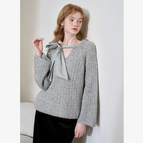 西遇蓝色v领毛衣女冬季新款宽松慵懒风蝴蝶结套头针织衫D0044081