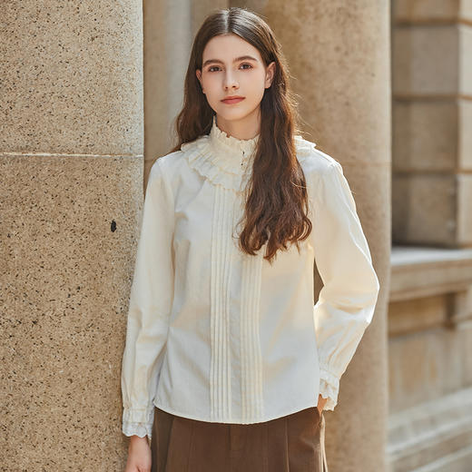 Famecoco范可儿荷叶边立领文艺花边女士衬衫冬季FAB8BD001 商品图0