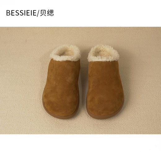 BESSIEIE/贝缌 包头勃肯穆勒鞋平底毛毛半拖鞋外穿厚底保暖冬季 商品图1