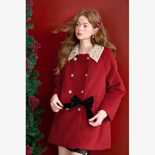 西遇中长款呢料外套女冬季新款富家千金钉珠领口双排扣大衣SS141336 商品图9