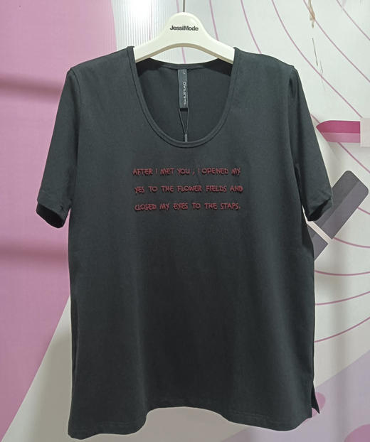 水淼2025夏新款纯棉小U领气质百搭T恤0401（字母立体浮雕刺绣） 商品图1