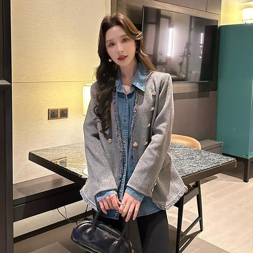 奢姿2024年秋冬新款大码女装小香风气质上衣胖妹妹拼接毛边外套9944369183 商品图1