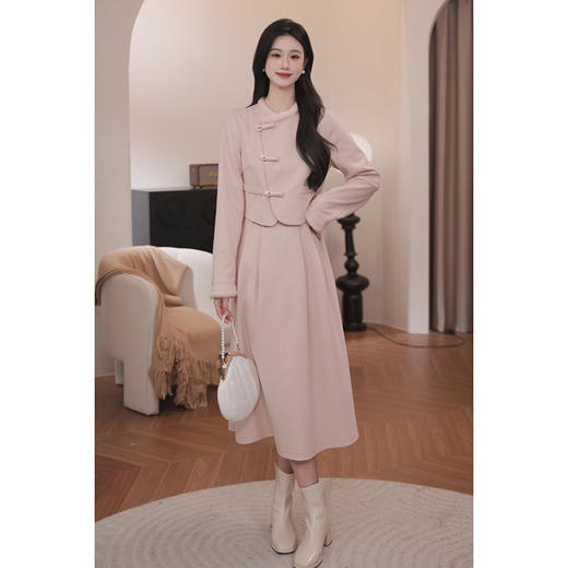 鹿向南「未施粉黛」新中式假两件单面呢连衣裙女冬季2024新款长裙 商品图1