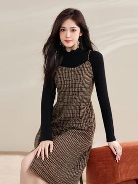 美拉德格子吊带连衣裙