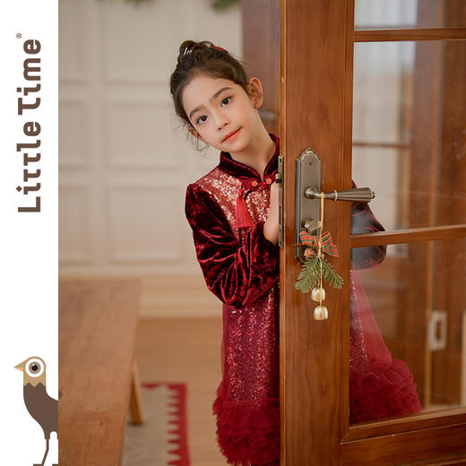 littletime儿童24秋冬中式亮片纱裙酒红礼服裙女童公主丝绒连衣裙 商品图2