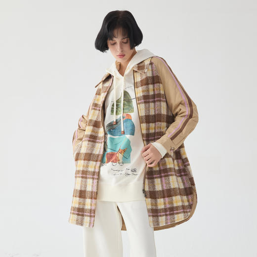 谜底宽松中长款大衣女2023冬新品复古格纹拼接毛呢外套234MD1506 商品图1