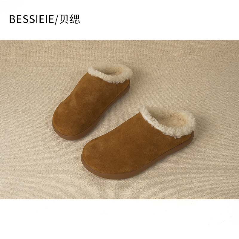 BESSIEIE/贝缌 包头勃肯穆勒鞋平底毛毛半拖鞋外穿厚底保暖冬季