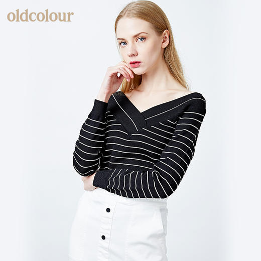 oldcolour欧珂修身套头V领露肩条纹针织衫女长袖春秋装新款上衣 商品图4