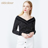 oldcolour欧珂修身套头V领露肩条纹针织衫女长袖春秋装新款上衣 商品缩略图0