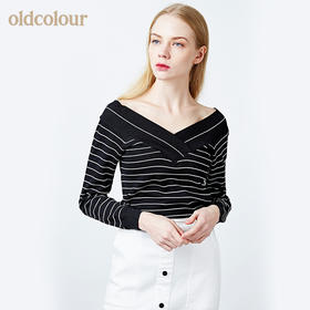 oldcolour欧珂修身套头V领露肩条纹针织衫女长袖春秋装新款上衣