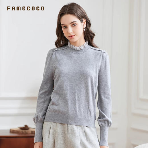 Famecoco范可儿套头毛衫立领珍珠螺纹文艺FAB8DC031 商品图3