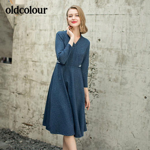 oldcolour欧珂春秋V领中长款收腰时尚耐看长袖连衣裙B31103158 商品图1