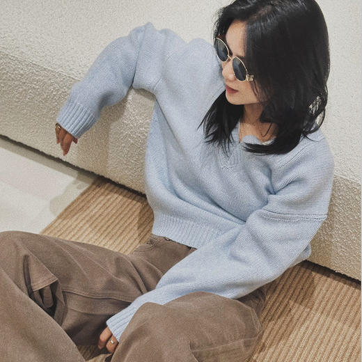 【顺丰包邮】35058 洛诗琳韩系简约纯羊毛V领针织上衣女858 商品图0