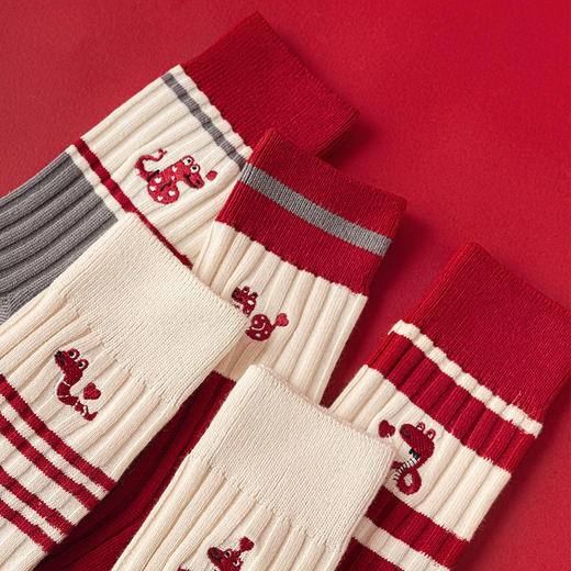 【温暖红色，时尚中筒款】蛇年红袜子 女生秋冬新款 本命年中筒女袜 红色韩版刺绣双针堆堆袜-QQ 商品图1