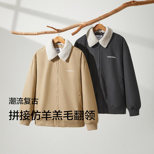 森马夹克男冬季新款复古拼接仿羊羔毛翻领外套宽松绣花棉服潮 商品图2