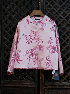 盛唐牡丹 |粉色漳绒梅兰竹菊外套-钉珠款(钉珠花纹随机）