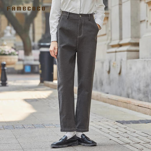 Famecoco范可儿裤子纯棉直筒宽松休闲自然腰女装长裤FAB8GA004 商品图4
