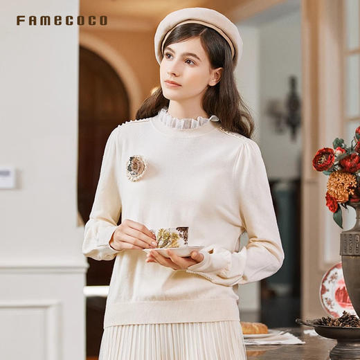 Famecoco范可儿套头毛衫立领珍珠螺纹文艺FAB8DC031 商品图2