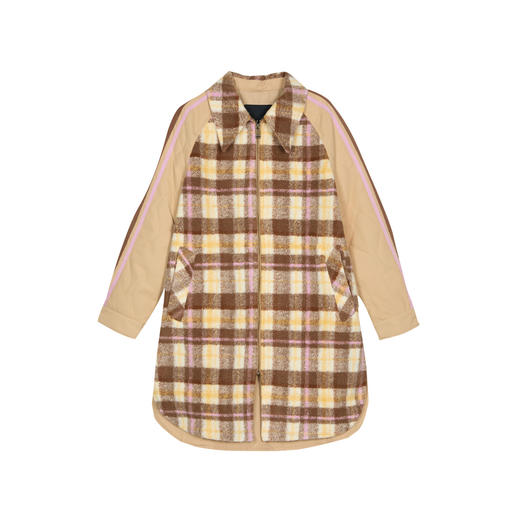 谜底宽松中长款大衣女2023冬新品复古格纹拼接毛呢外套234MD1506 商品图4