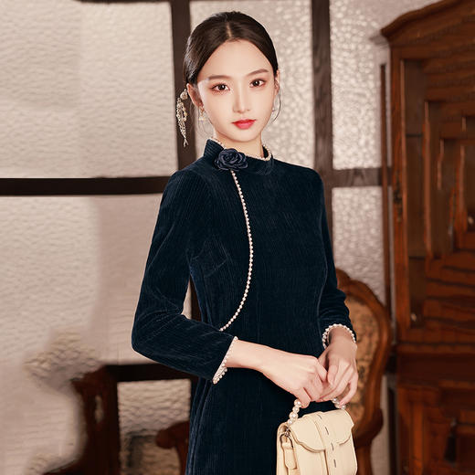 藏青色新中式国风，长款改良旗袍 SC18060 商品图2