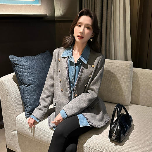 奢姿2024年秋冬新款大码女装小香风气质上衣胖妹妹拼接毛边外套9944369183 商品图2