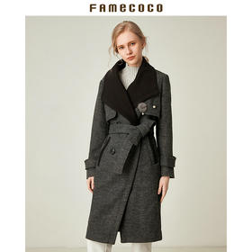 Famecoco范可儿秋冬赫本风收腰毛呢大衣女装F188AC024