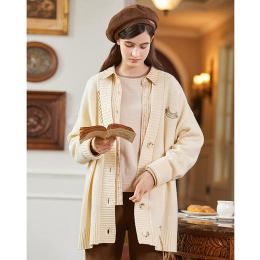 famecoco范可儿绣花徽章针织开衫中长款女FAB8DE030 商品图2