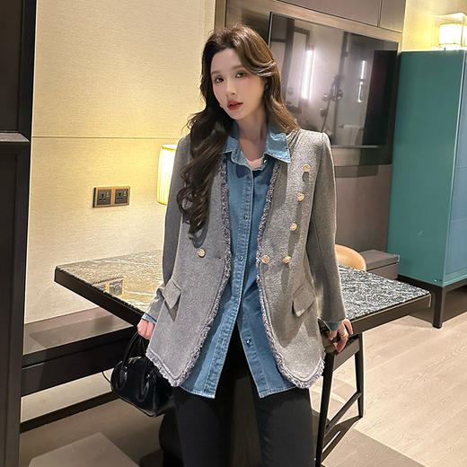 奢姿2024年秋冬新款大码女装小香风气质上衣胖妹妹拼接毛边外套9944369183 商品图4