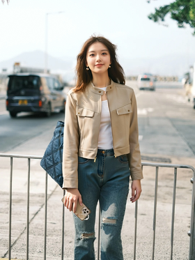 卡其色复古麂皮绒拉链短外套