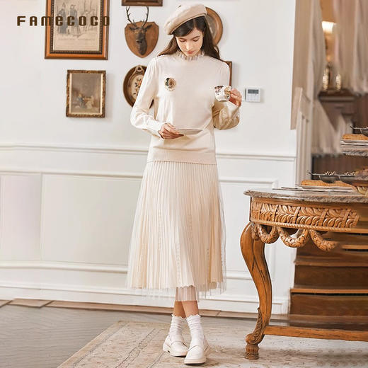 Famecoco范可儿套头毛衫立领珍珠螺纹文艺FAB8DC031 商品图4