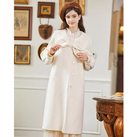 Famecoco蝴蝶结披肩领绵羊毛大衣长款女冬FAB8AR022