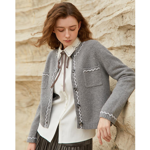 Famecoco短款灰色羊毛毛衣开衫外套女秋冬FAB8DE016 商品图1