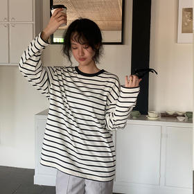 【顺丰包邮】35950 洛诗琳纯天然棉简约经典条纹落肩长袖T恤521