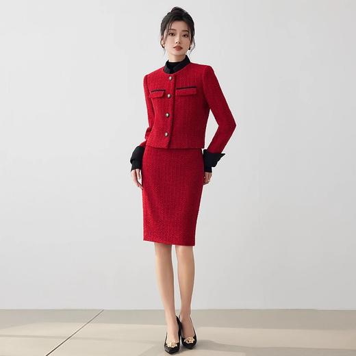 IWY/高级感石榴红羊毛编织小香风拼接外套时尚简约西装套装CS1669 商品图3