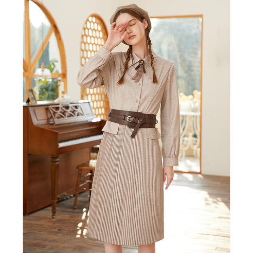 famecoco范可儿冬季优雅衬衫裙女士长袖修身百褶裙中长款F228FA001 商品图3