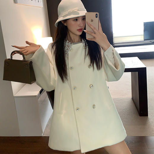 西遇中长款呢料外套女冬季新款富家千金钉珠领口双排扣大衣SS141336 商品图7