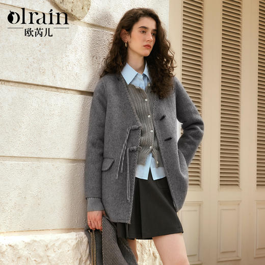 OLrain欧芮儿灰色双面呢外套女冬季2024年新款新中式盘扣大衣 商品图0