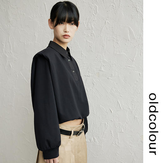 oldcolour黑色polo领垫肩T恤春秋季新款廓形宽松休闲设计感上衣 商品图2