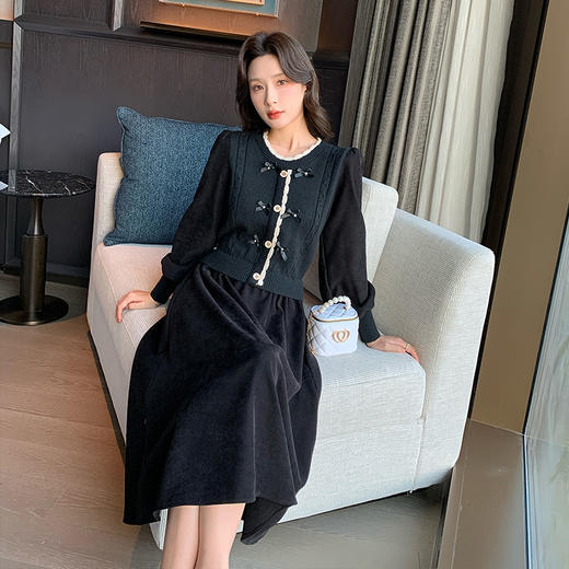 奢姿2024年冬季新款大码女装蝴蝶结拼接裙子胖妹妹假两件连衣裙9844853681 商品图2