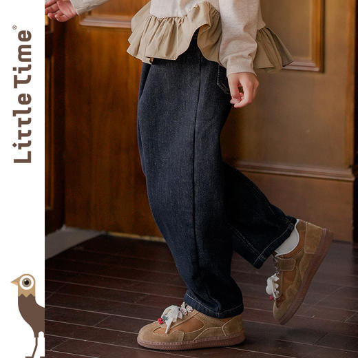 littletime女童牛仔裤2024秋冬新款锥形裤加绒深蓝色儿童茧形裤 商品图0