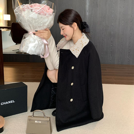 西遇中长款呢料外套女冬季新款富家千金钉珠领口双排扣大衣SS141336 商品图5