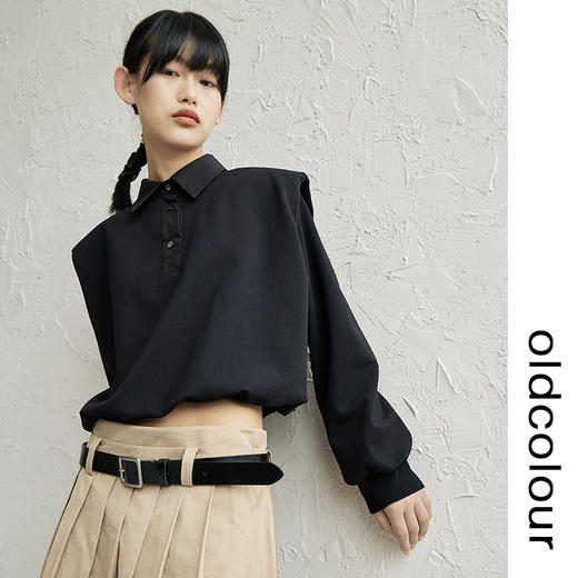 oldcolour黑色polo领垫肩T恤春秋季新款廓形宽松休闲设计感上衣 商品图1