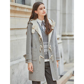 Famecoco兔子刺绣连帽牛角扣毛呢大衣女冬FAB8AR002